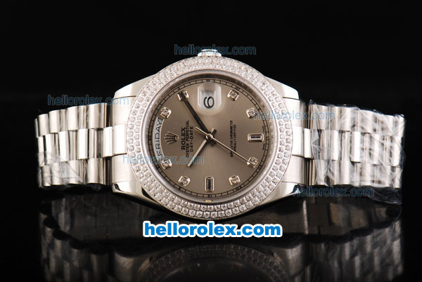 Rolex Day Date II Automatic Movement Full Steel with Double Row Diamond Bezel with Diamond Markers and Grey Dial - Click Image to Close